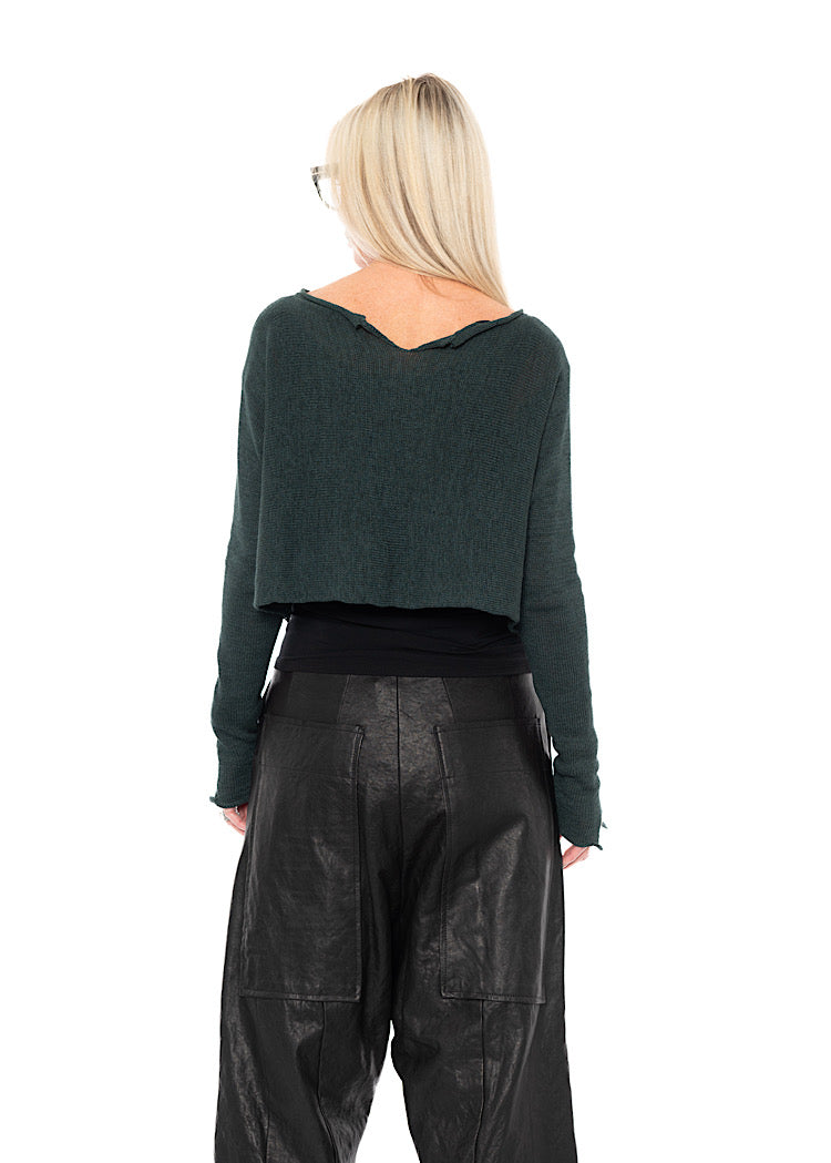 CROPPED LINEN-BLEND KNITTED PULLOVER