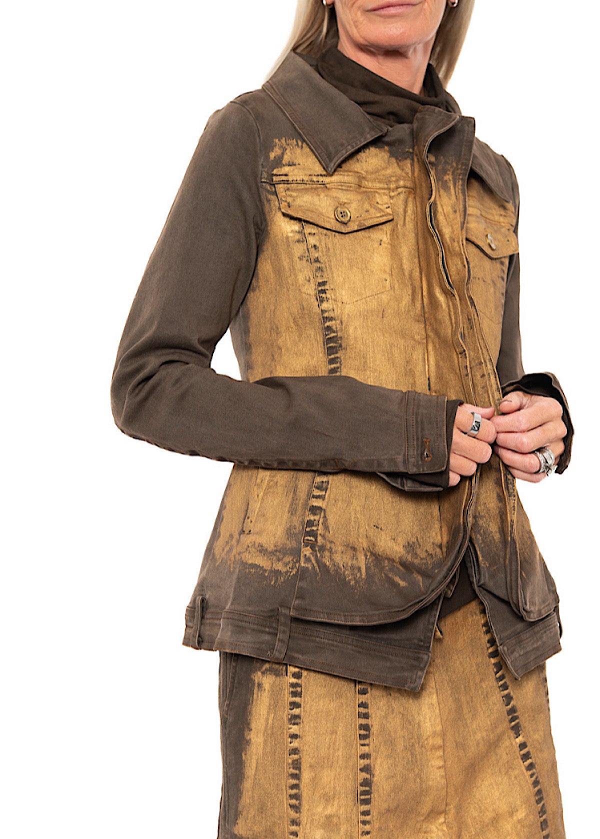 HAND-PAINTED GOLD STRETCH DENIM JACKET