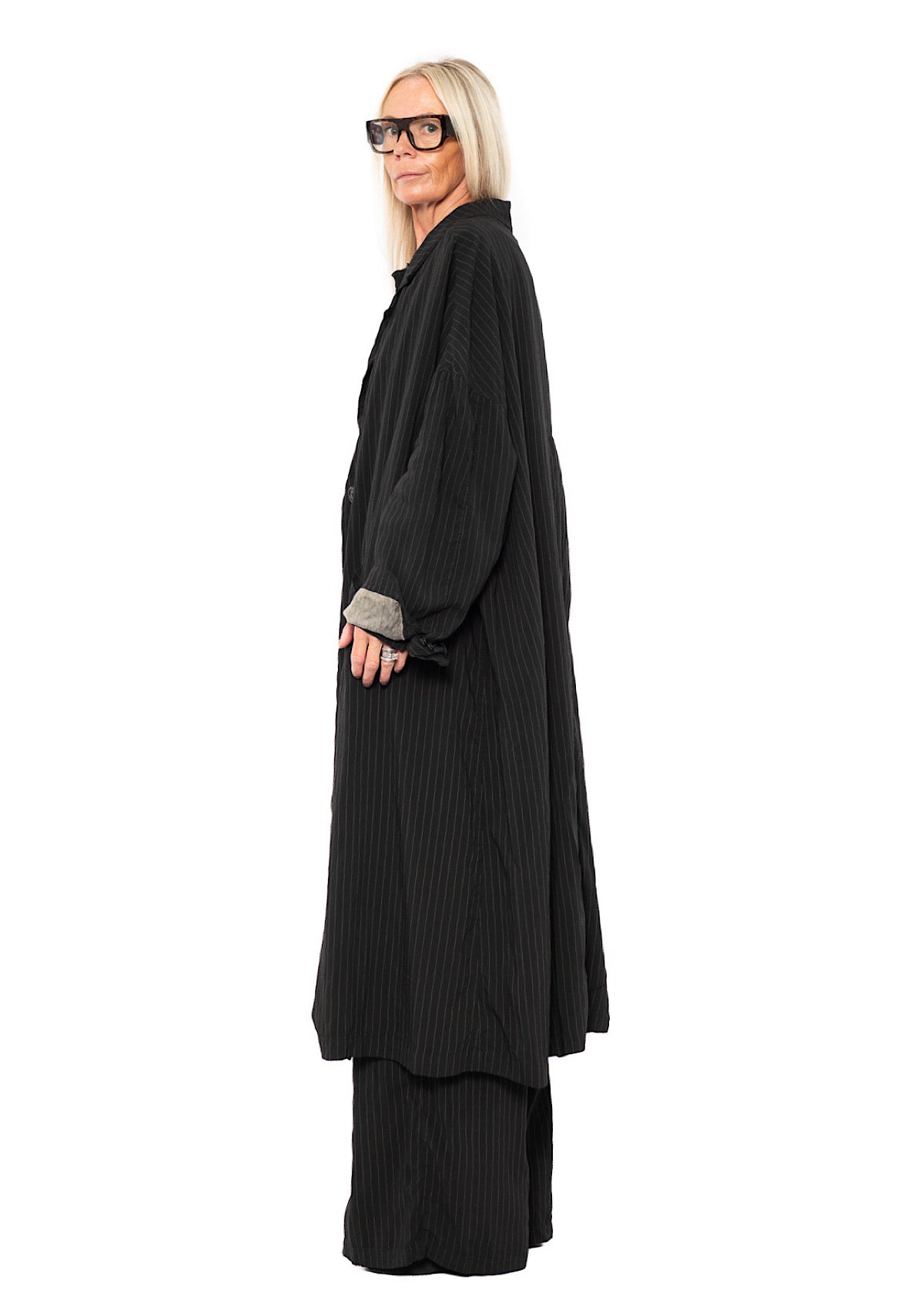 OVERSIZED PINSTRIPE DRAPED COAT