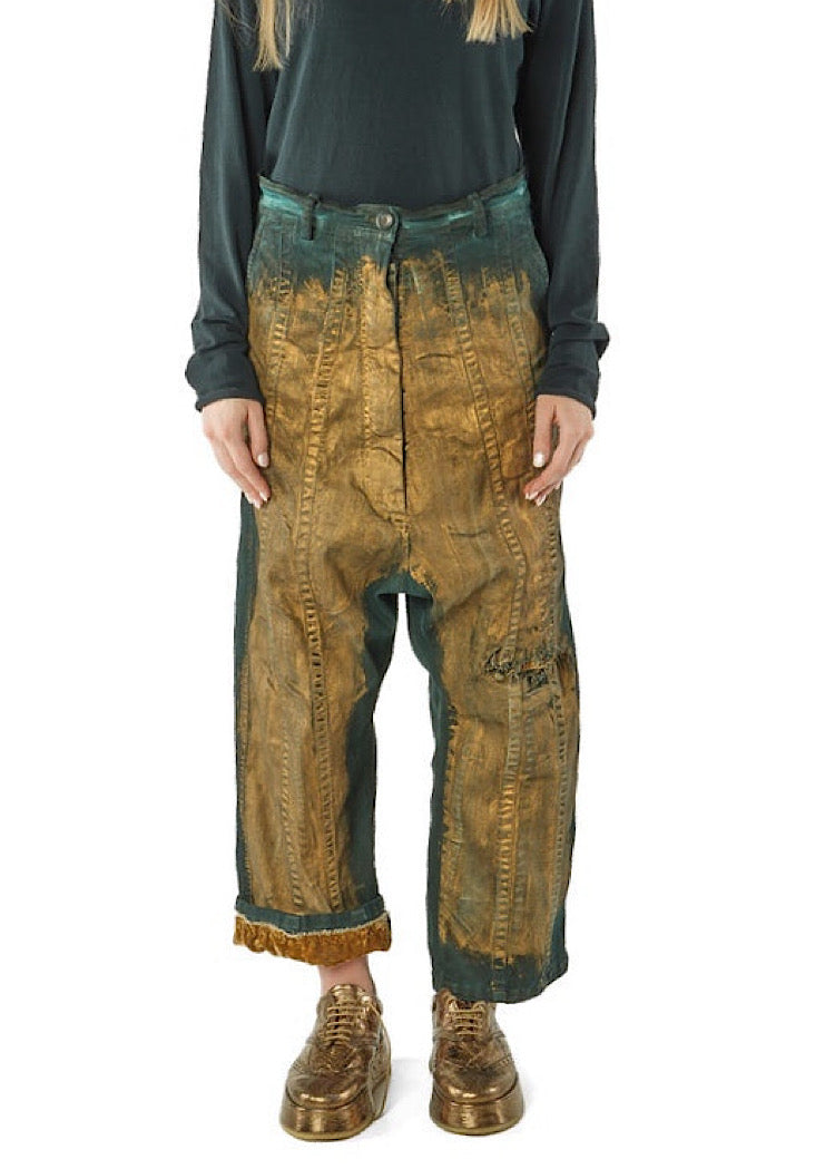 HAND-PAINTED GOLD DENIM TROUSER *GINGER GOLD* (SHOWN IN PETROL GOLD)