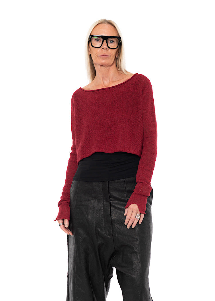 CROPPED LINEN-BLEND KNITTED PULLOVER