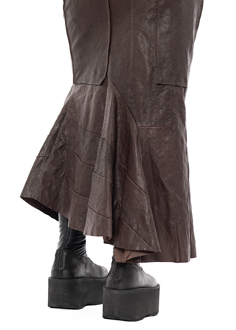 ASYMMETRIC FLARED LEATHER SKIRT