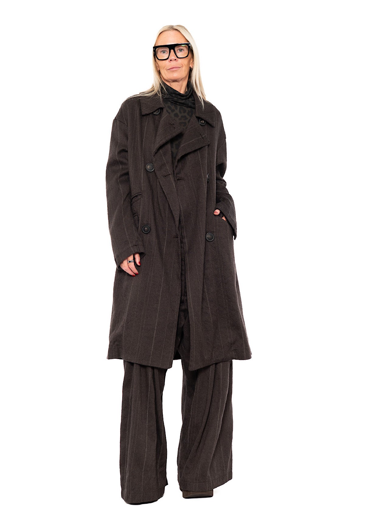 DOUBLE-BREASTED PINSTRIPE WOOL COAT