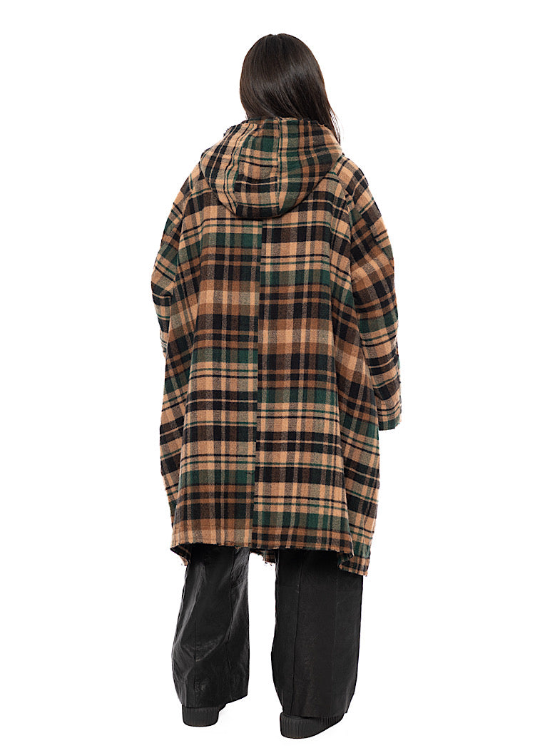 HOODED CHECK WOOL COAT