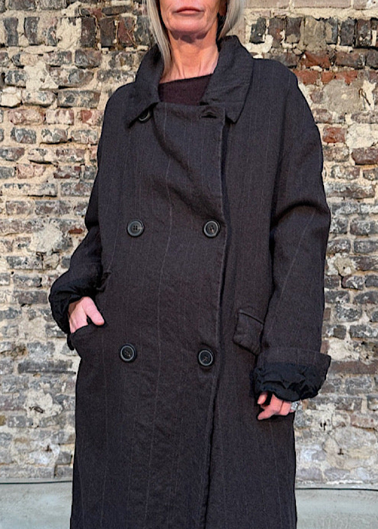 DOUBLE-BREASTED PINSTRIPE WOOL COAT