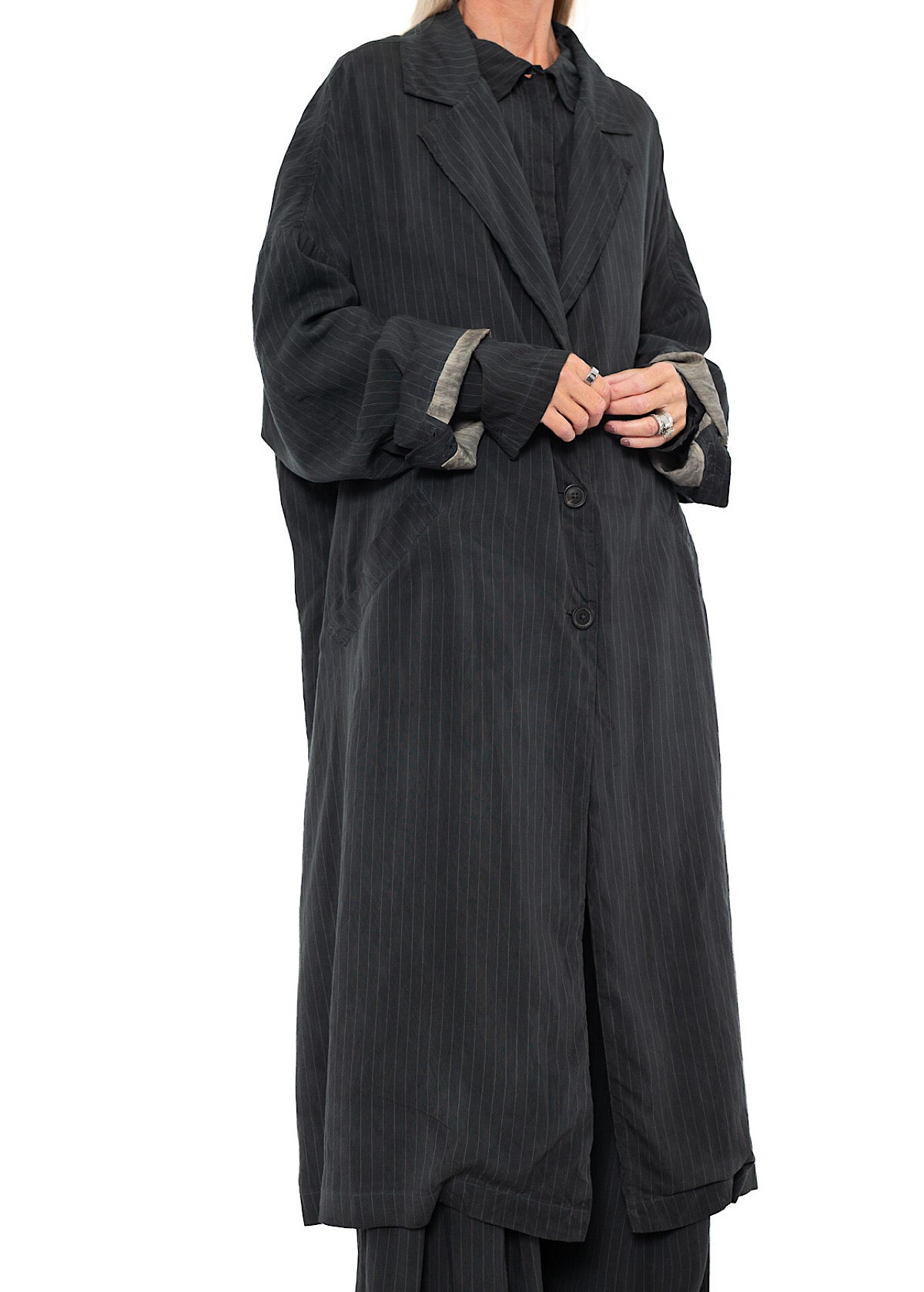 OVERSIZED PINSTRIPE DRAPED COAT