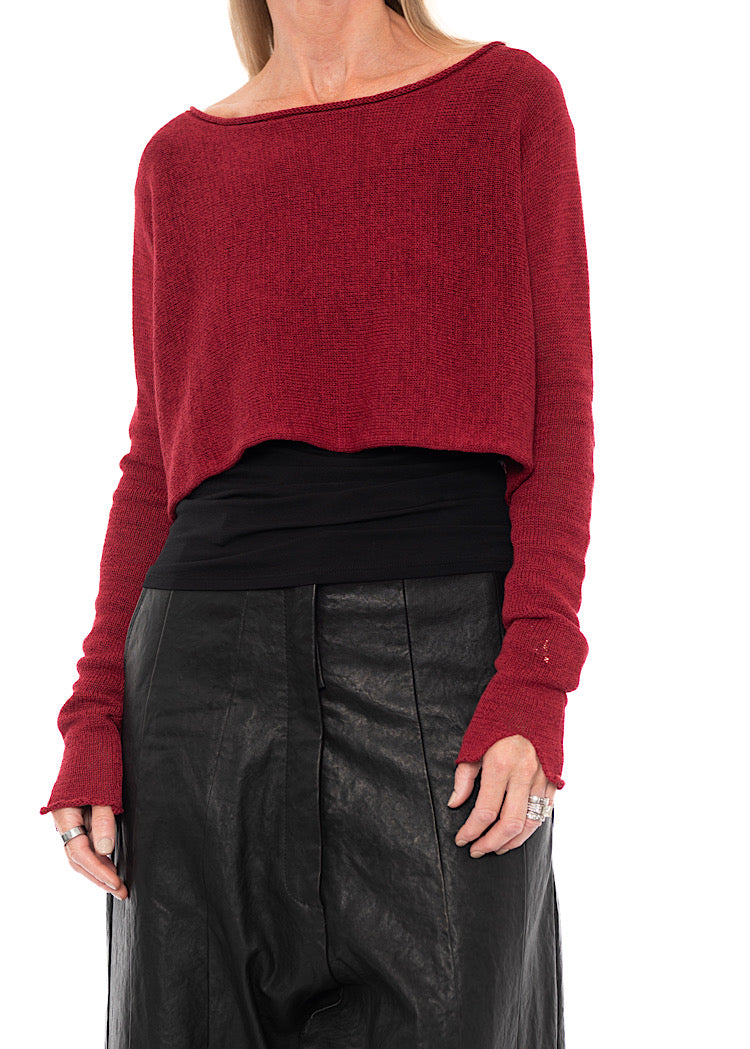 CROPPED LINEN-BLEND KNITTED PULLOVER
