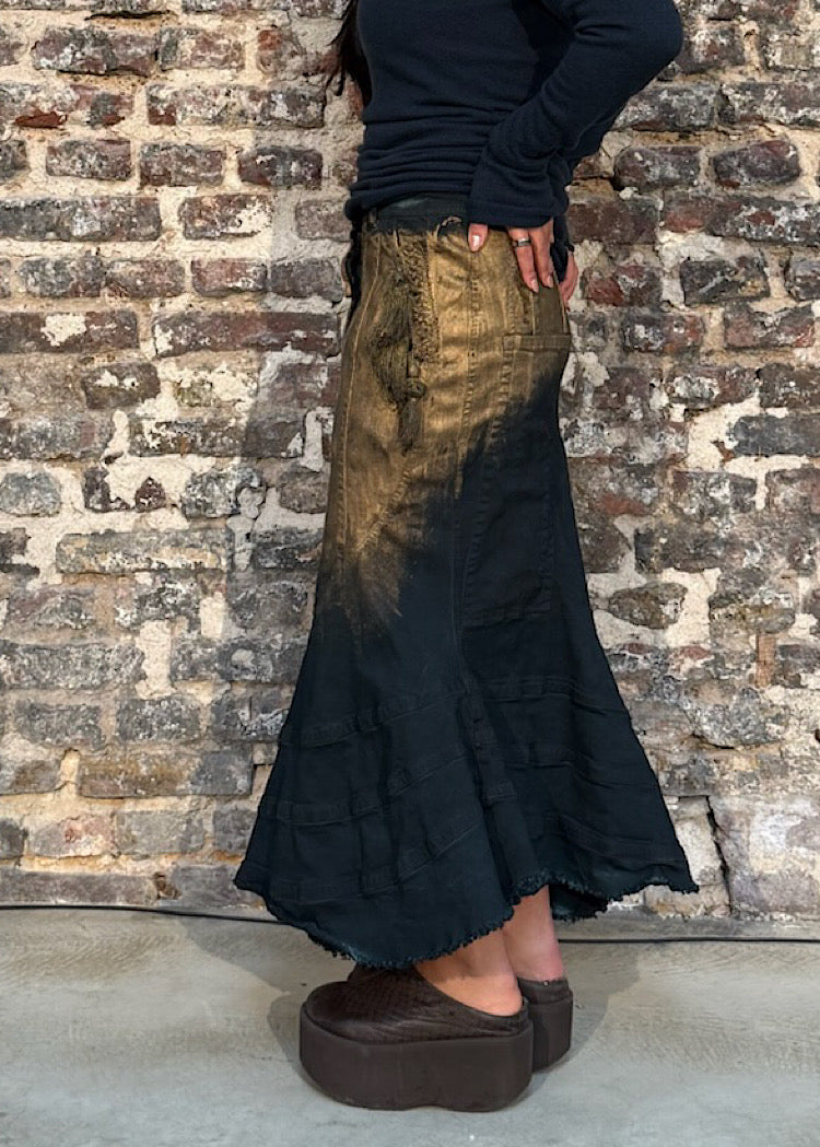 WAXED ASYMMETRIC FLARED DENIM SKIRT