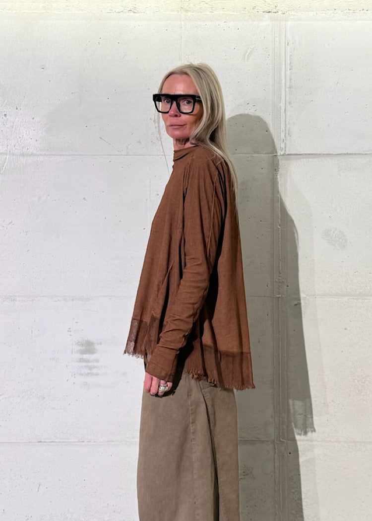 FUNNEL NECK MESH-HEM RIB JERSEY TOP