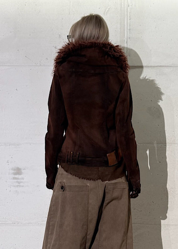 FITTED FAUX FUR-TRIM DENIM JACKET