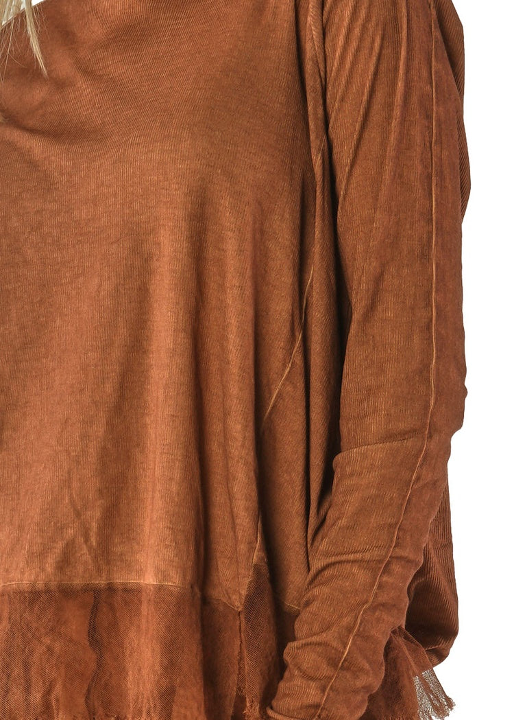 FUNNEL NECK MESH-HEM RIB JERSEY TOP