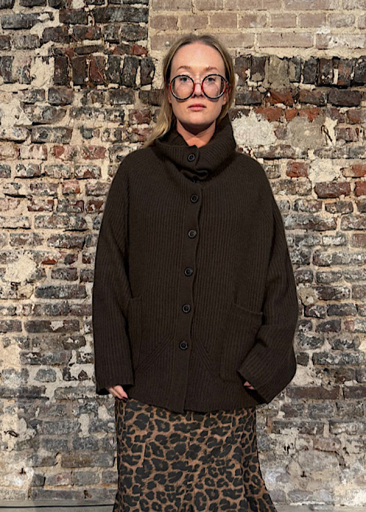 CL MERINO RACCOON FUNNEL NECK CARDIGAN