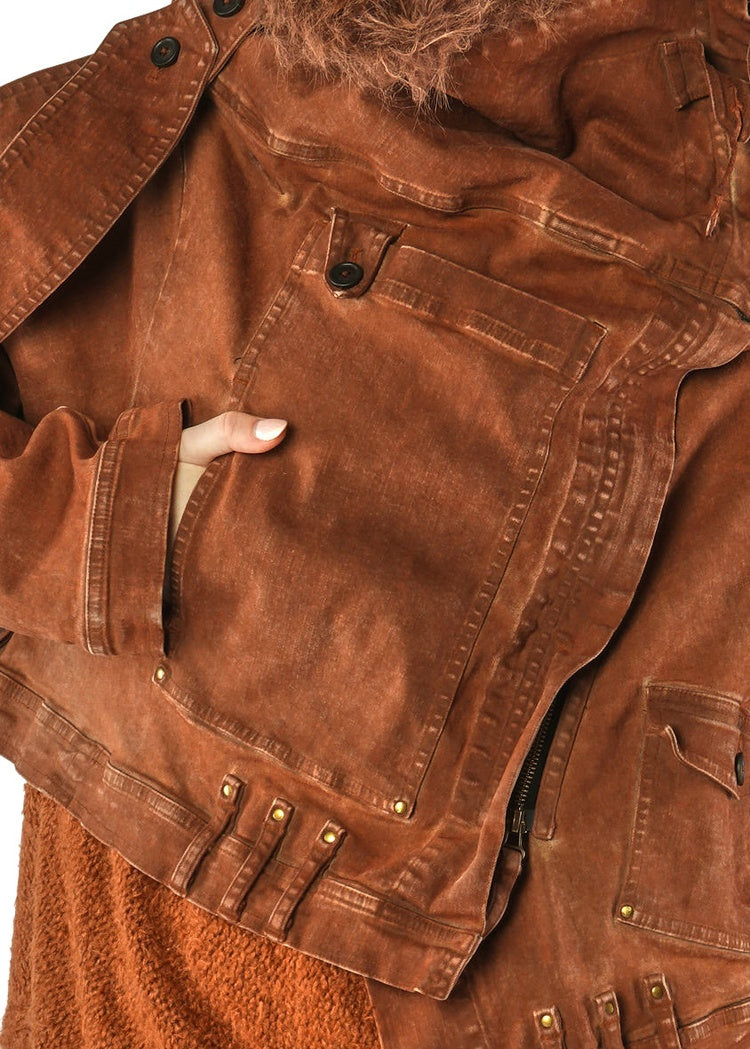 CROPPED FAUX FUR-TRIM DENIM JACKET