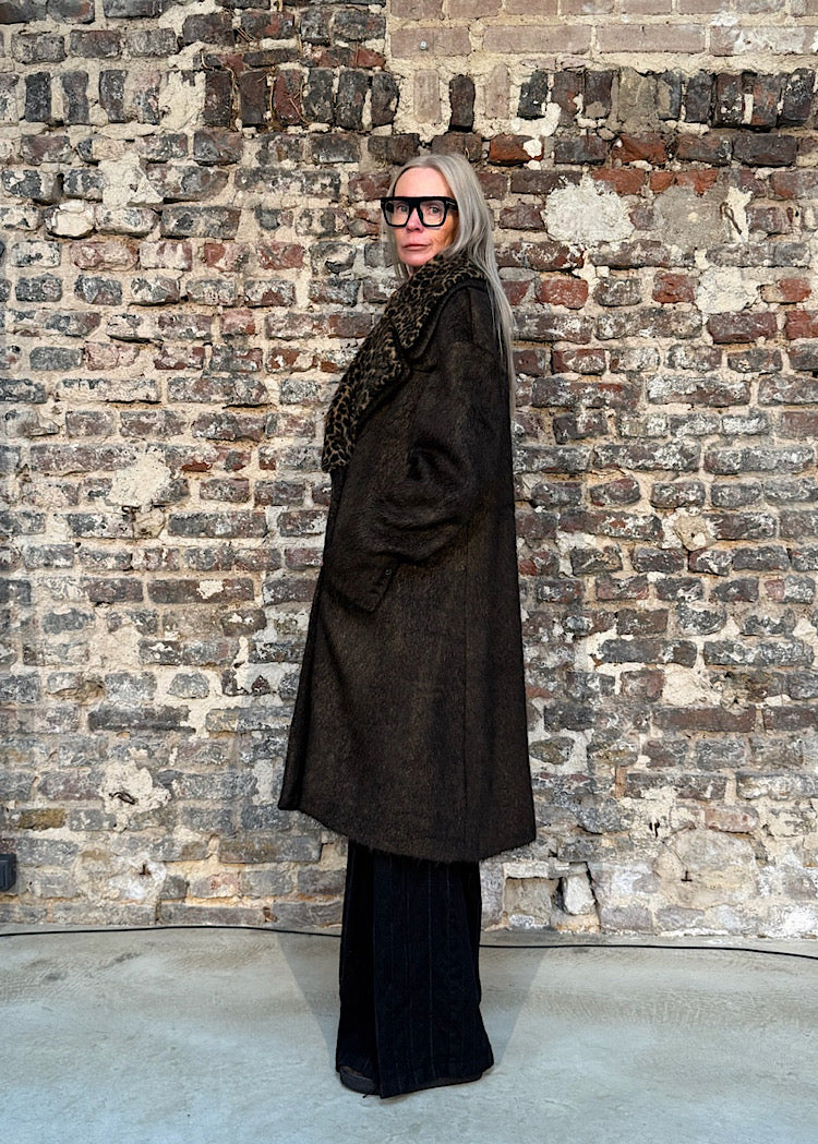 FAUX FUR-COLLAR LONG-HAIR WOOL COAT