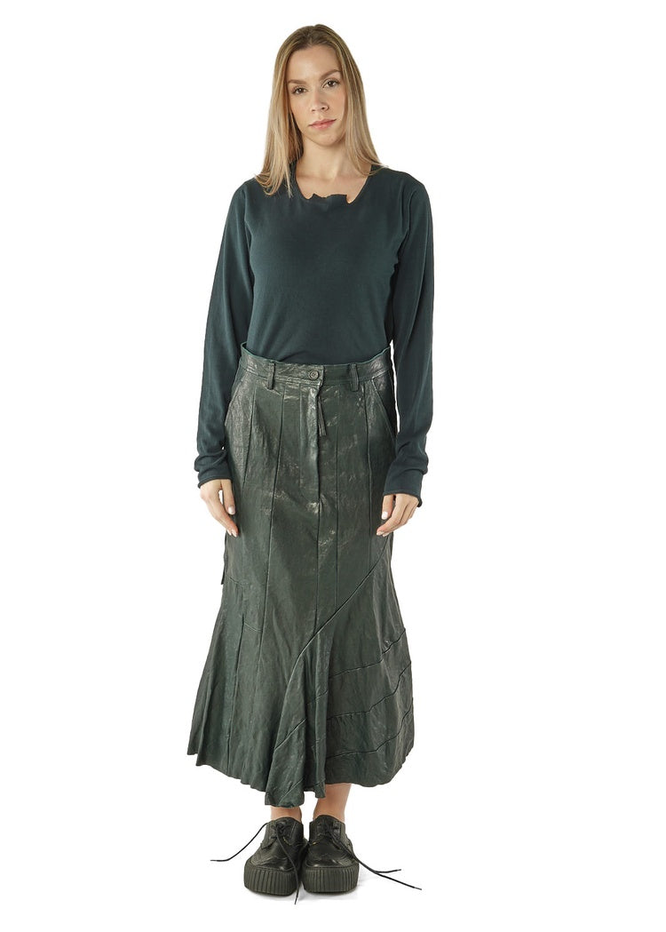 ASYMMETRIC FLARED LEATHER SKIRT