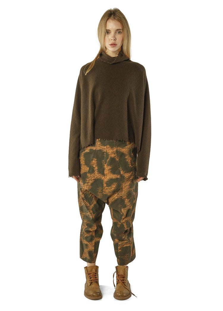 DISTRESSED-EDGE FUNNEL NECK PULLOVER