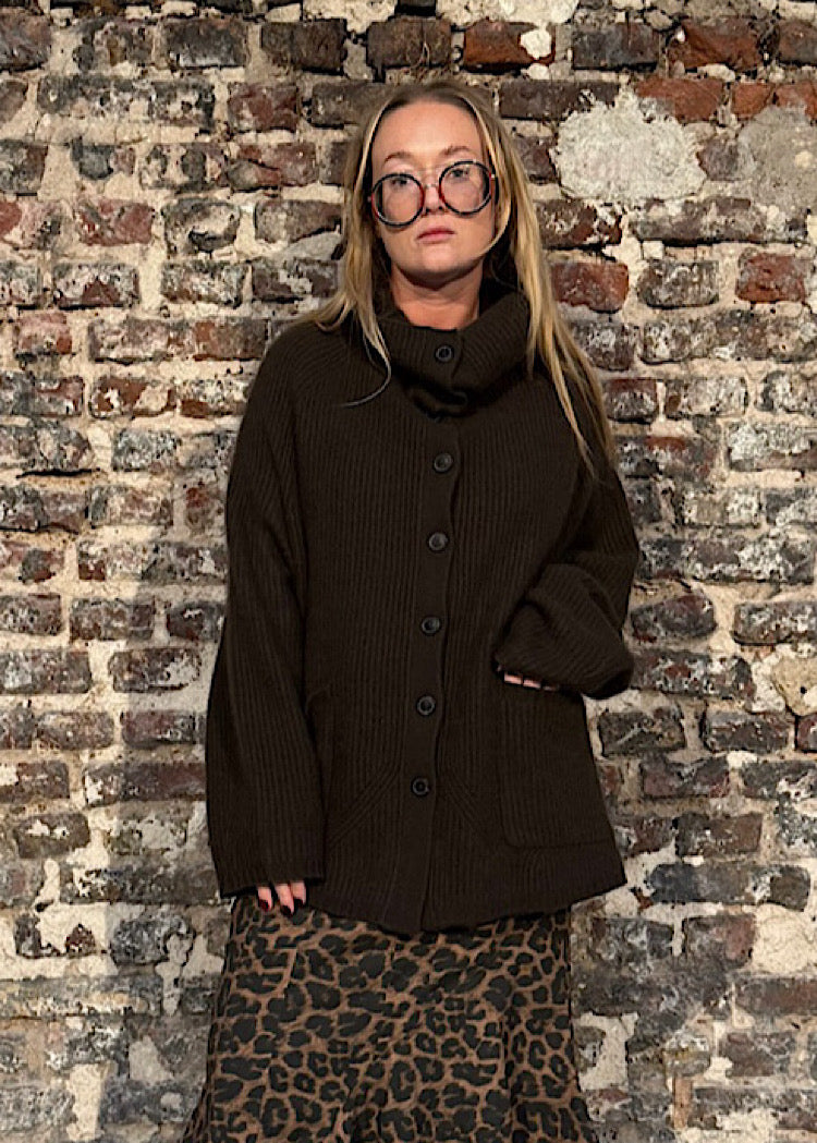 MIXED-KNIT FUNNEL NECK CARDIGAN