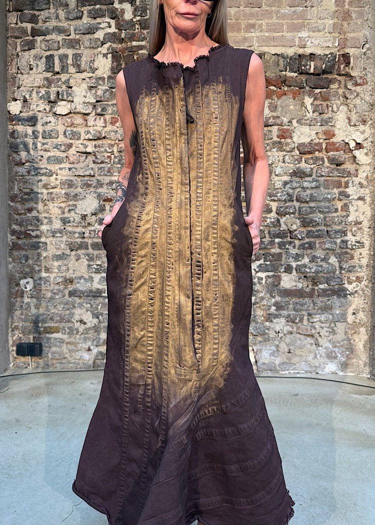 GOLD-PAINTED ASYMMETRIC DENIM DRESS