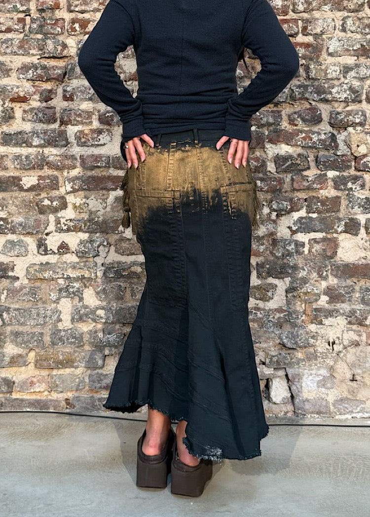 WAXED ASYMMETRIC FLARED DENIM SKIRT