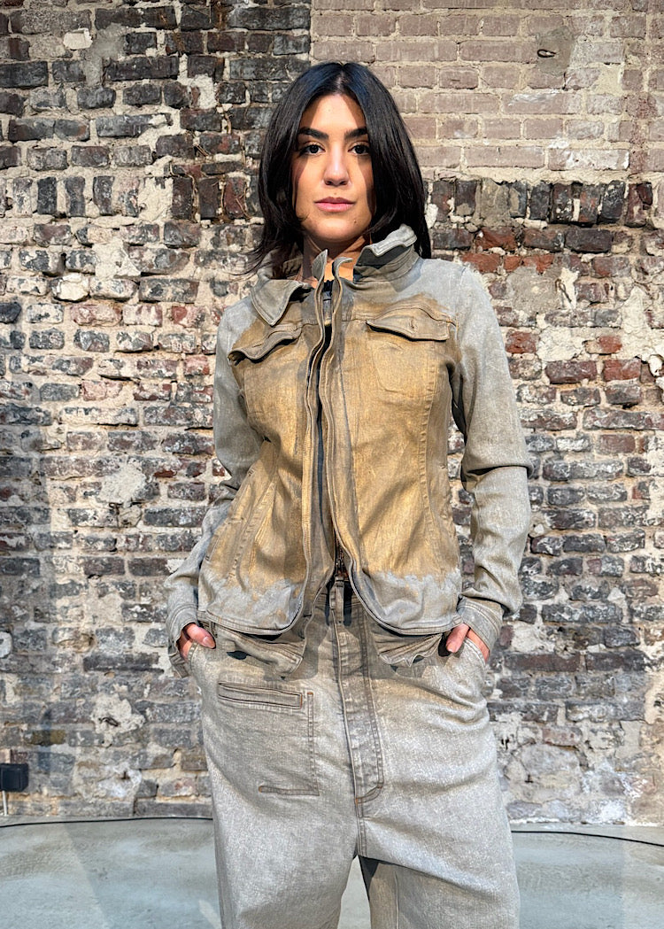 GOLD-PAINTED ZIP-FRONT DENIM JACKET